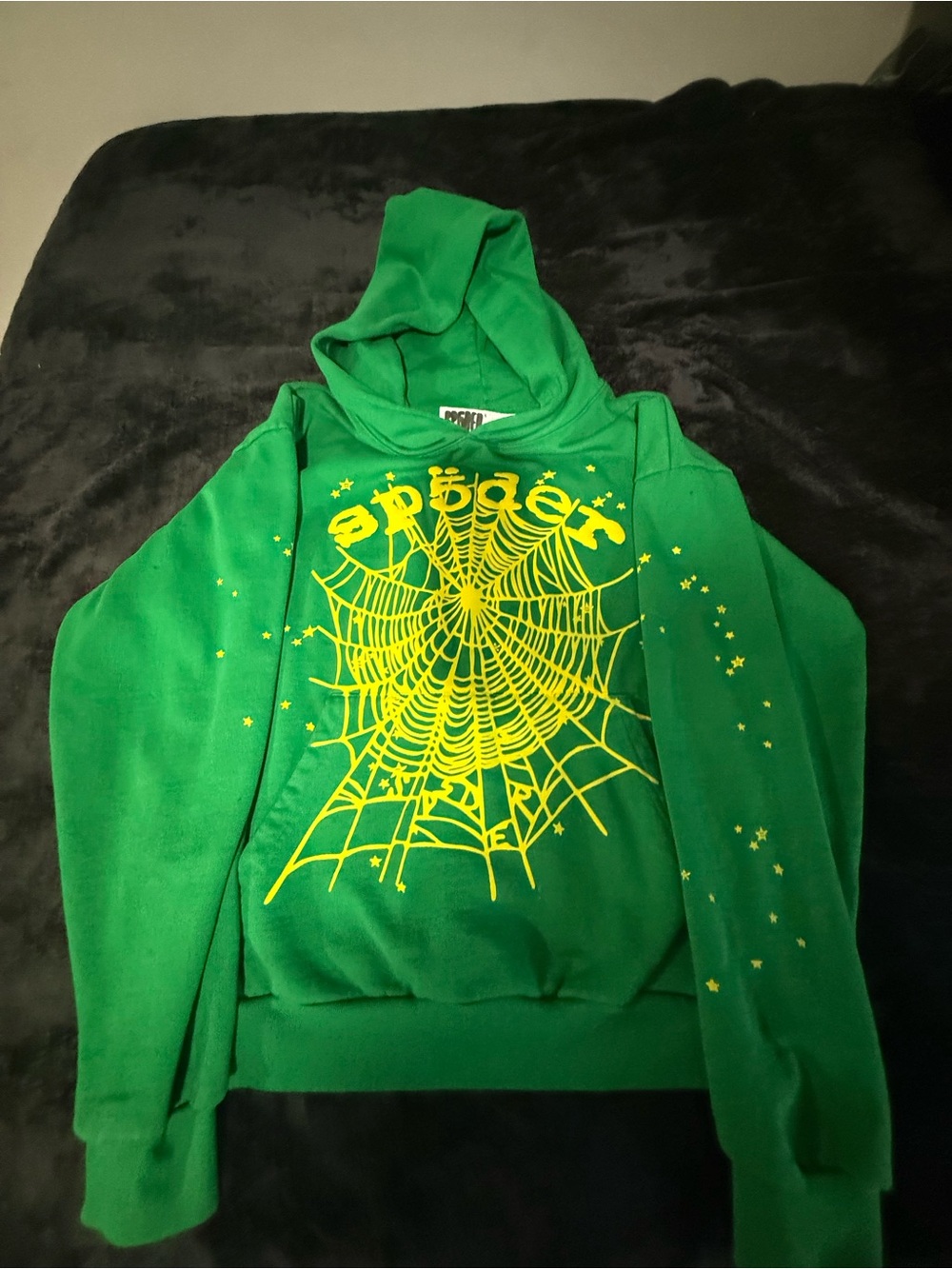 Green Crewneck Hoodie with Yellow Spider Web Graphic
